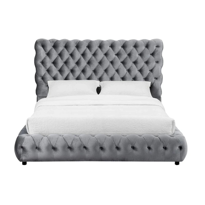 Cama King Gris con Botones, Estilo Plataforma, Tapicería de Terciopelo, Capacidad para 2 Personas