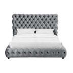 Cama King Gris con Botones, Estilo Plataforma, Tapicería de Terciopelo, Capacidad para 2 Personas