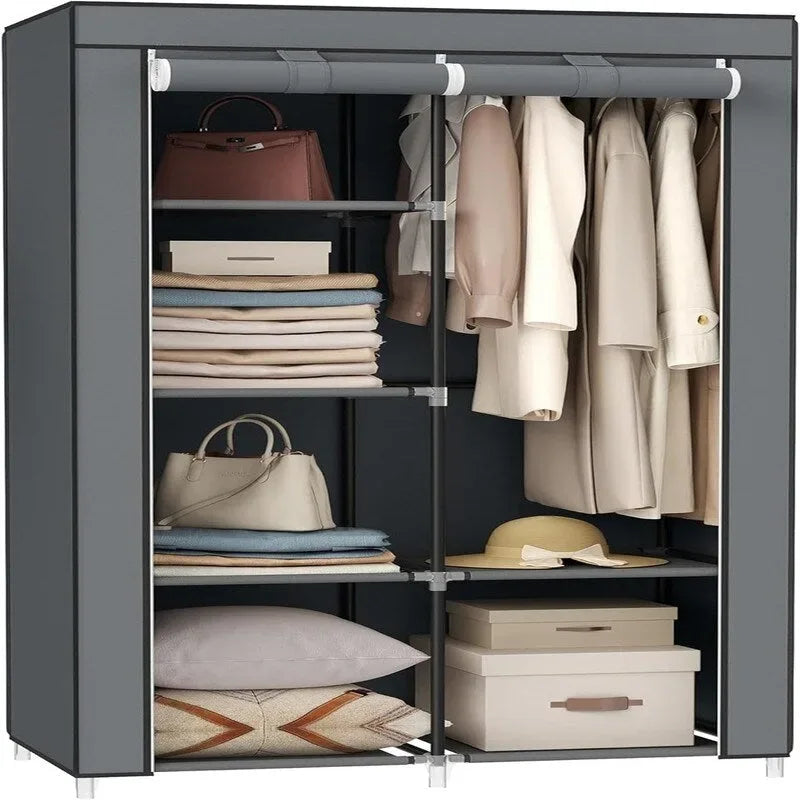Armario de tela con riel para colgar y 6 estantes, azul / verde / negro / gris, 1 persona