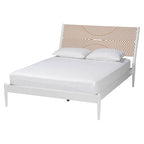 Cama de plataforma blanca / marrón natural con cabecero tallado, Queen y King
