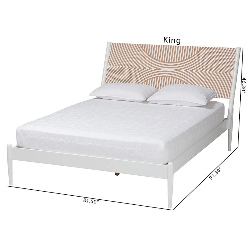 Cama de plataforma blanca / marrón natural con cabecero tallado, Queen y King
