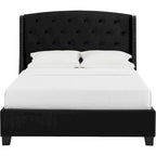 Cama tapizada tamaño King, color negro, cabecero con botones, para 1