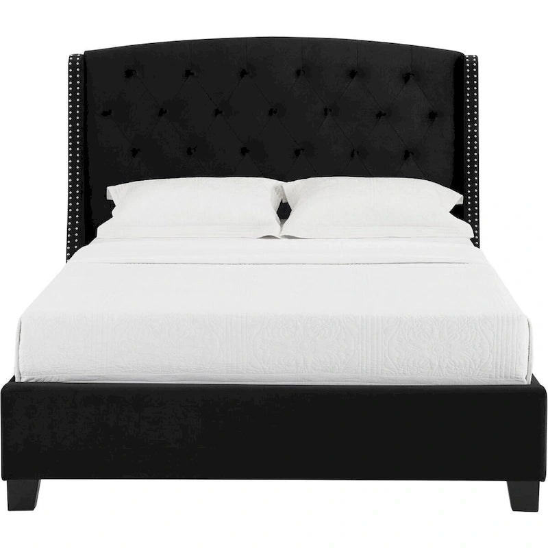 Cama tapizada tamaño King, color negro, cabecero con botones, para 1