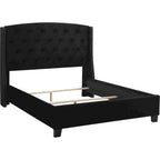 Cama tapizada tamaño King, color negro, cabecero con botones, para 1