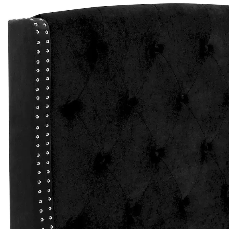 Cama tapizada tamaño King, color negro, cabecero con botones, para 1