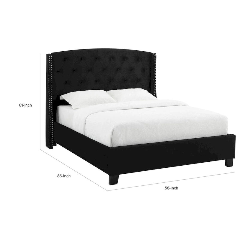 Cama tapizada tamaño King, color negro, cabecero con botones, para 1