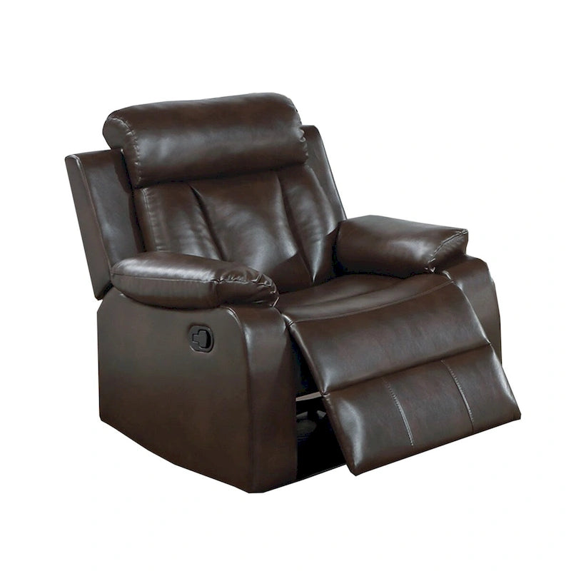 Sillón reclinable manual individual de piel sintética marrón con reposabrazos acolchado