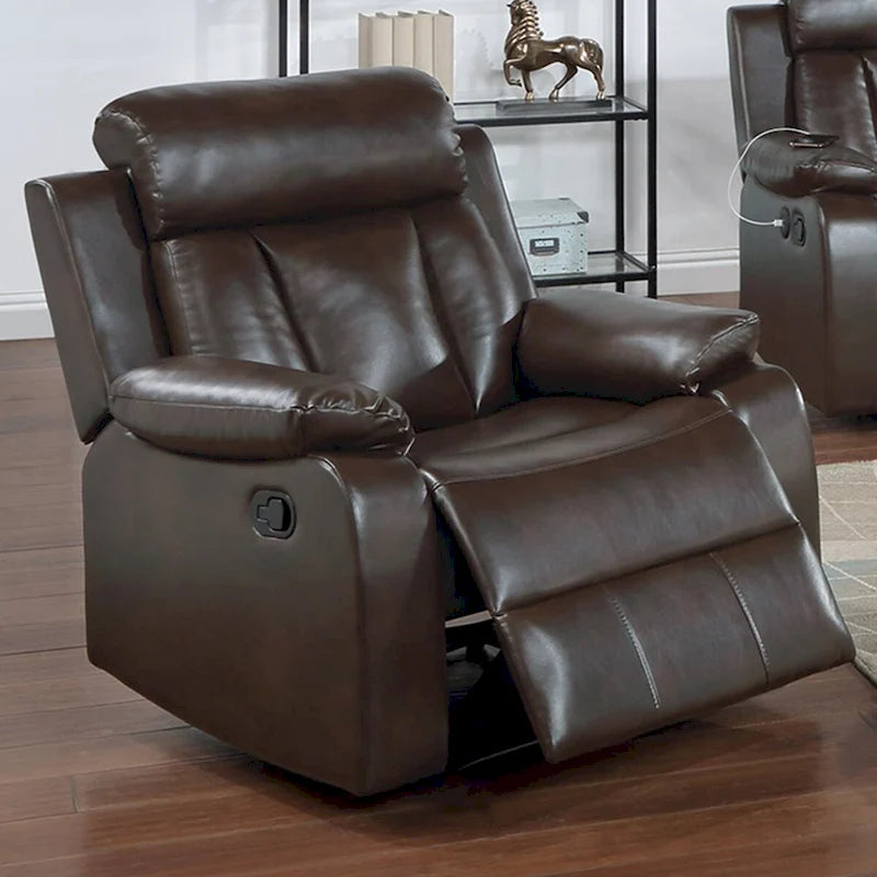 Sillón reclinable manual individual de piel sintética marrón con reposabrazos acolchado