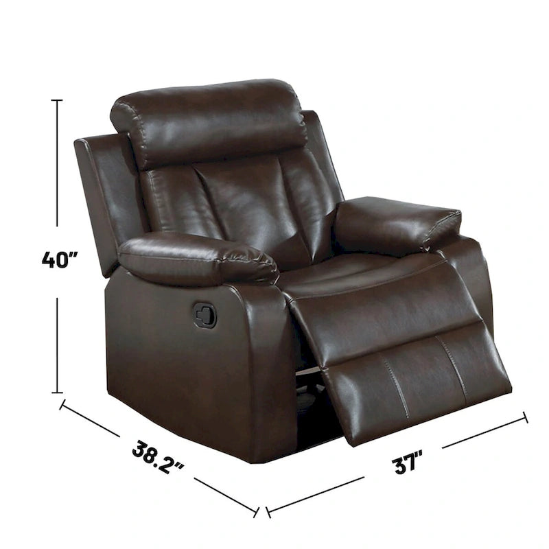 Sillón reclinable manual individual de piel sintética marrón con reposabrazos acolchado