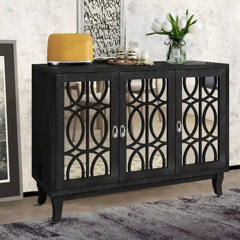 Aparador con espejo de 3 puertas en negro, champán y madera natural lavada
