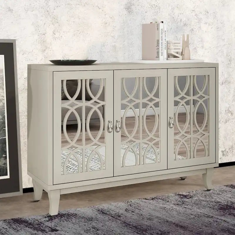Aparador con espejo de 3 puertas en negro, champán y madera natural lavada
