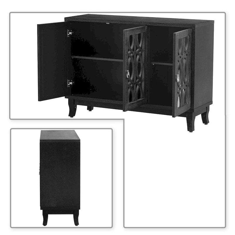 Aparador con espejo de 3 puertas en negro, champán y madera natural lavada