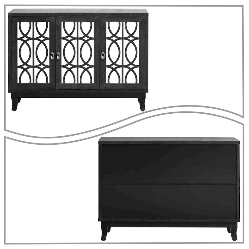 Aparador con espejo de 3 puertas en negro, champán y madera natural lavada