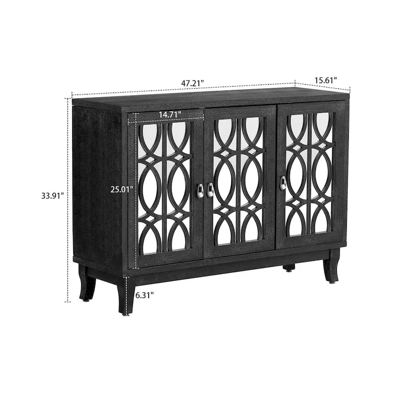 Aparador con espejo de 3 puertas en negro, champán y madera natural lavada