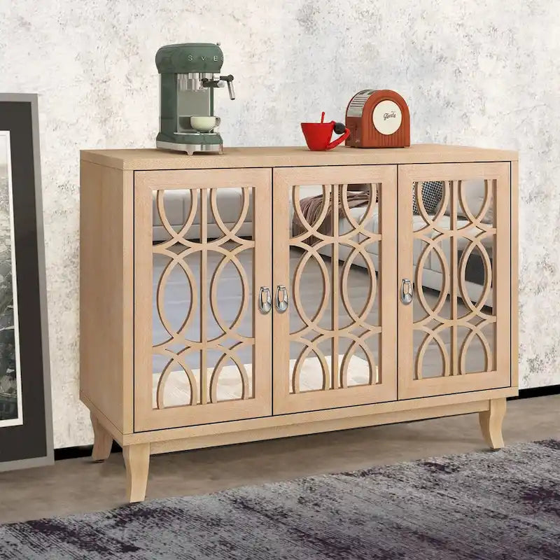 Aparador con espejo de 3 puertas en negro, champán y madera natural lavada
