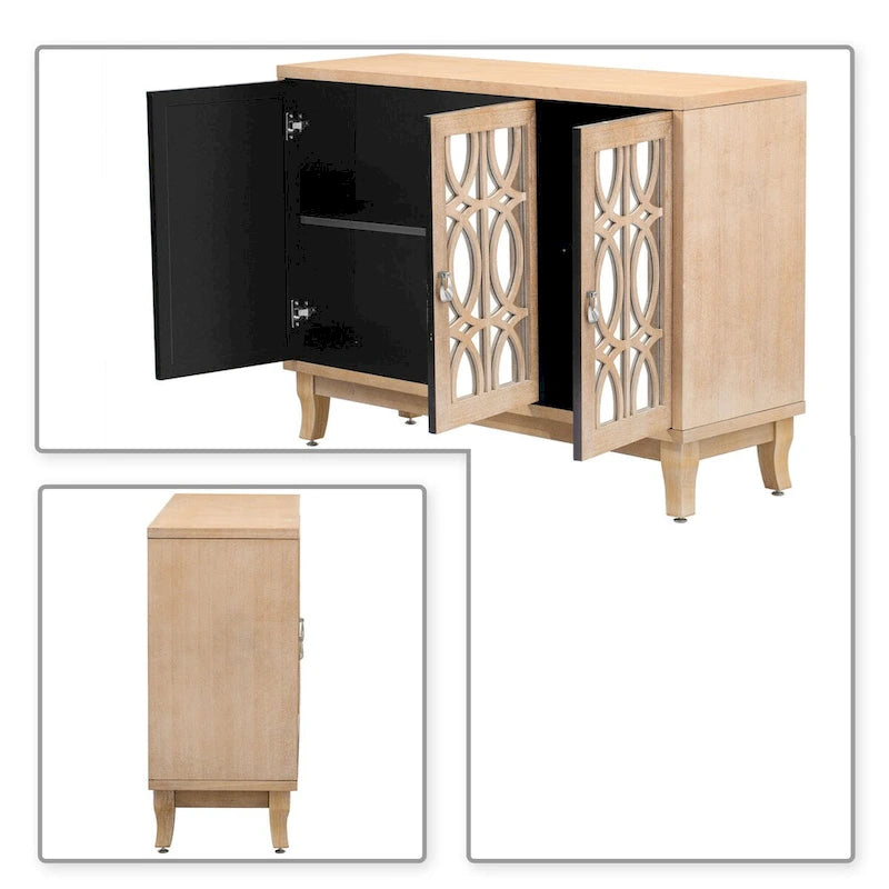 Aparador con espejo de 3 puertas en negro, champán y madera natural lavada