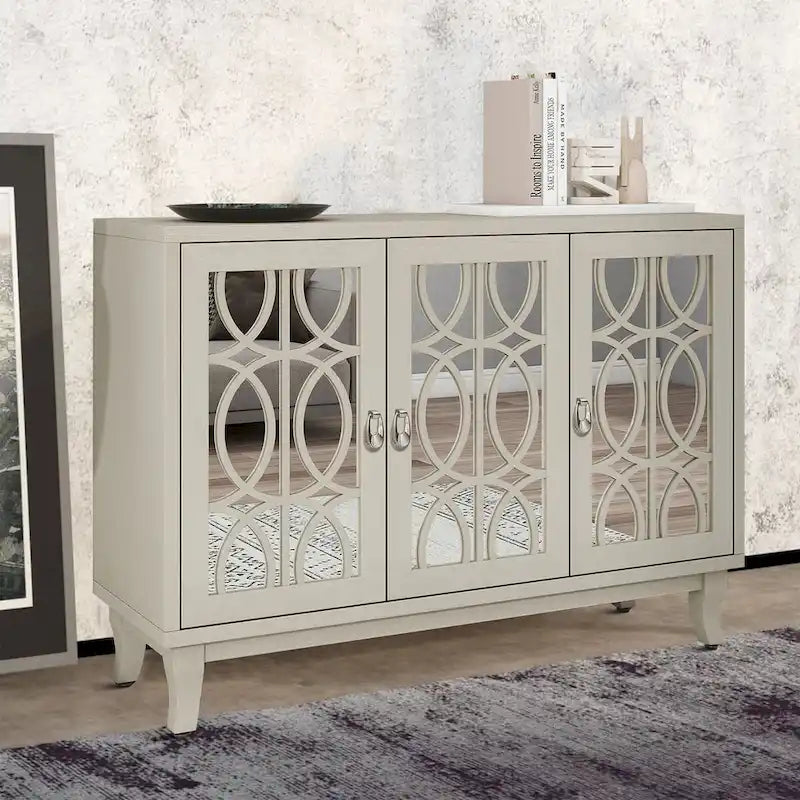 Aparador con espejo de 3 puertas en negro, champán y madera natural lavada