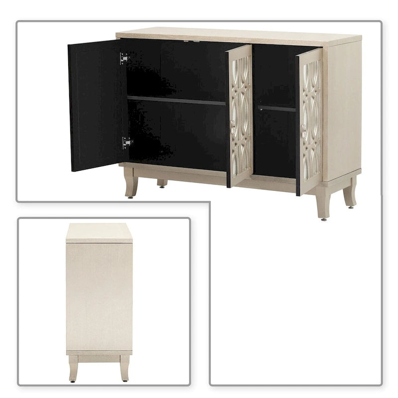 Aparador con espejo de 3 puertas en negro, champán y madera natural lavada