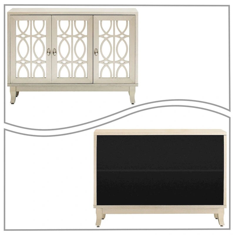 Aparador con espejo de 3 puertas en negro, champán y madera natural lavada
