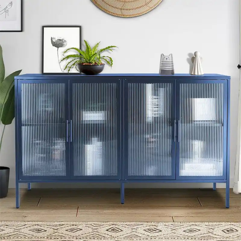 Aparador de 4 puertas con cristal estriado, verde menta / azul / negro, para 1