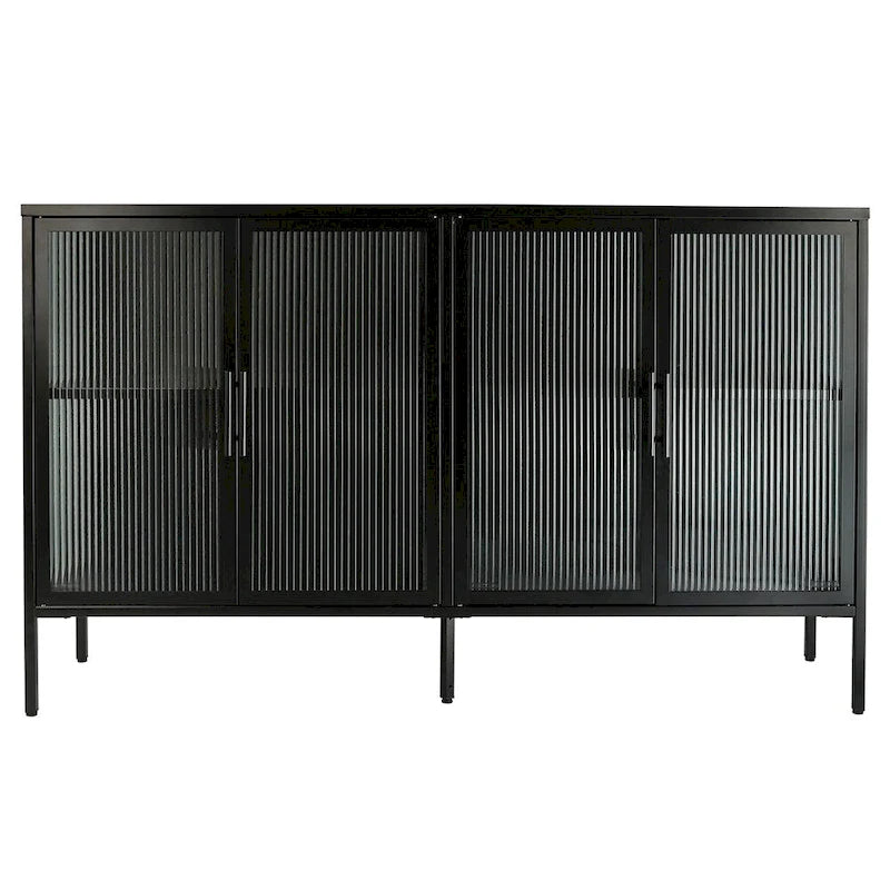 Aparador de 4 puertas con cristal estriado, verde menta / azul / negro, para 1