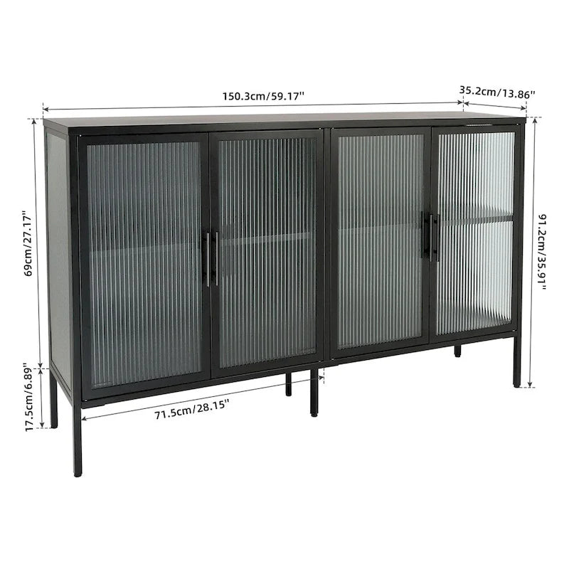 Aparador de 4 puertas con cristal estriado, verde menta / azul / negro, para 1