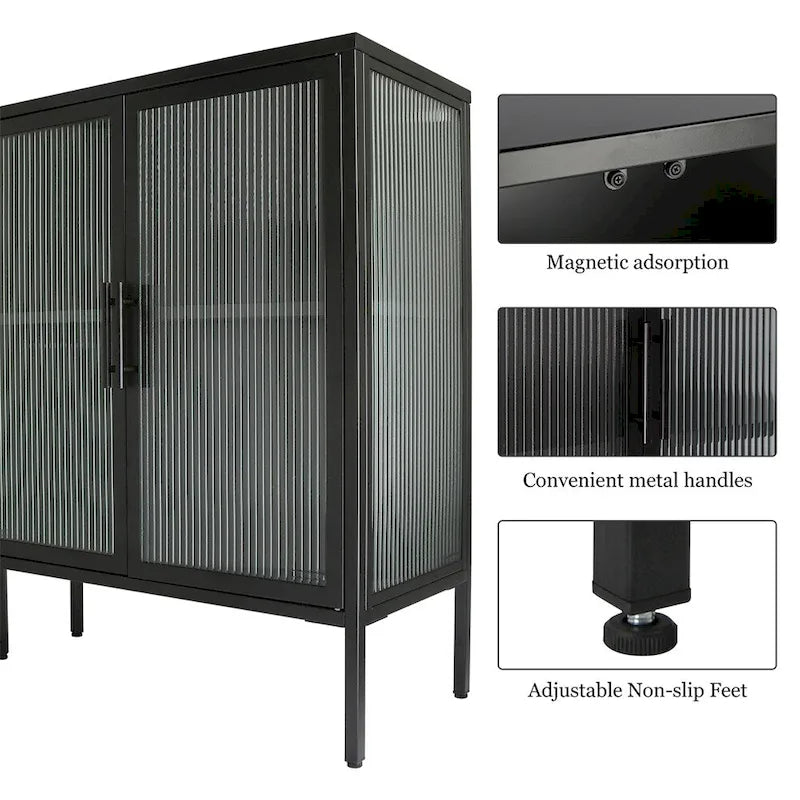 Aparador de 4 puertas con cristal estriado, verde menta / azul / negro, para 1