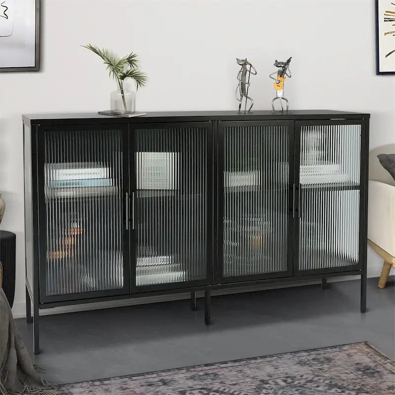Aparador de 4 puertas con cristal estriado, verde menta / azul / negro, para 1
