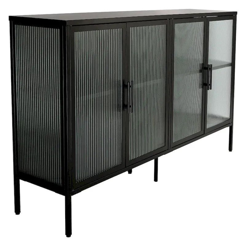Aparador de 4 puertas con cristal estriado, verde menta / azul / negro, para 1