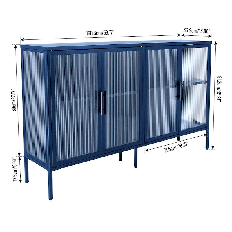 Aparador de 4 puertas con cristal estriado, verde menta / azul / negro, para 1