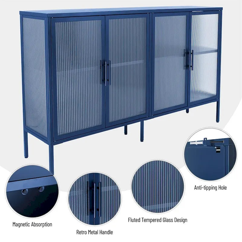 Aparador de 4 puertas con cristal estriado, verde menta / azul / negro, para 1