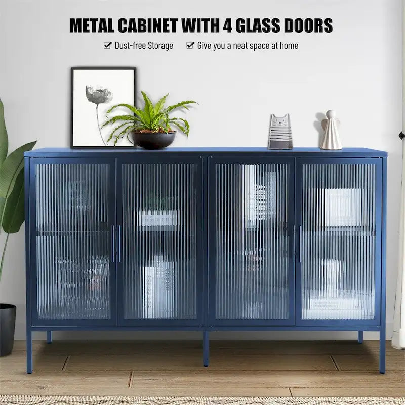 Aparador de 4 puertas con cristal estriado, verde menta / azul / negro, para 1