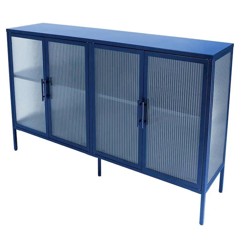 Aparador de 4 puertas con cristal estriado, verde menta / azul / negro, para 1