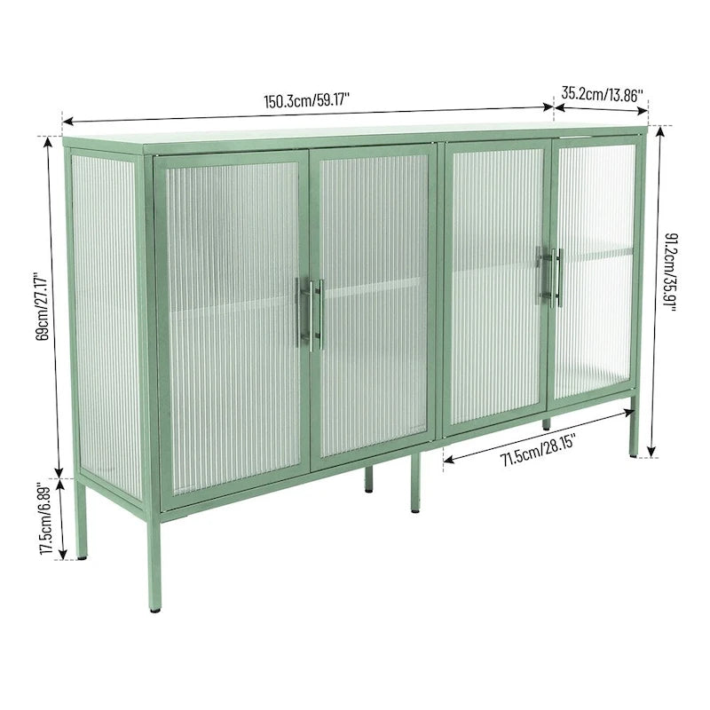 Aparador de 4 puertas con cristal estriado, verde menta / azul / negro, para 1
