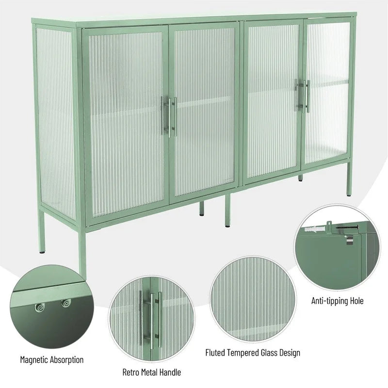 Aparador de 4 puertas con cristal estriado, verde menta / azul / negro, para 1