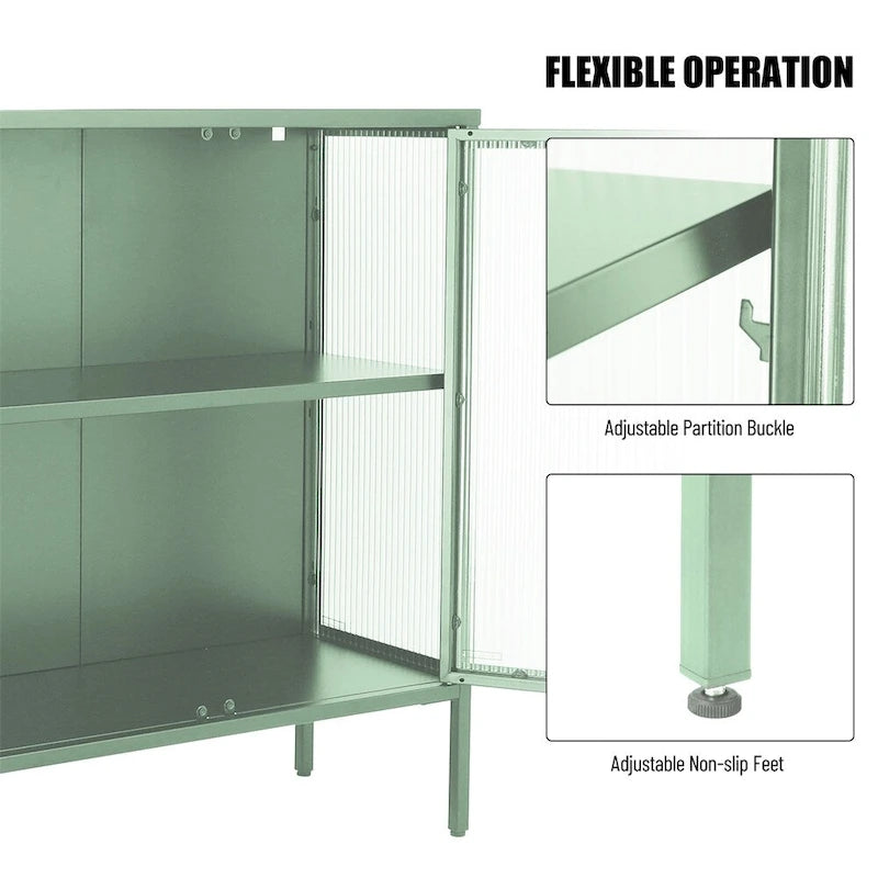 Aparador de 4 puertas con cristal estriado, verde menta / azul / negro, para 1