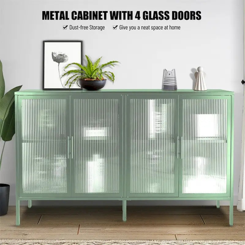 Aparador de 4 puertas con cristal estriado, verde menta / azul / negro, para 1