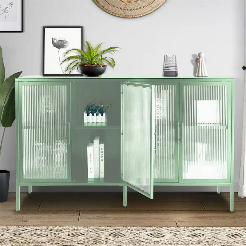 Aparador de 4 puertas con cristal estriado, verde menta / azul / negro, para 1