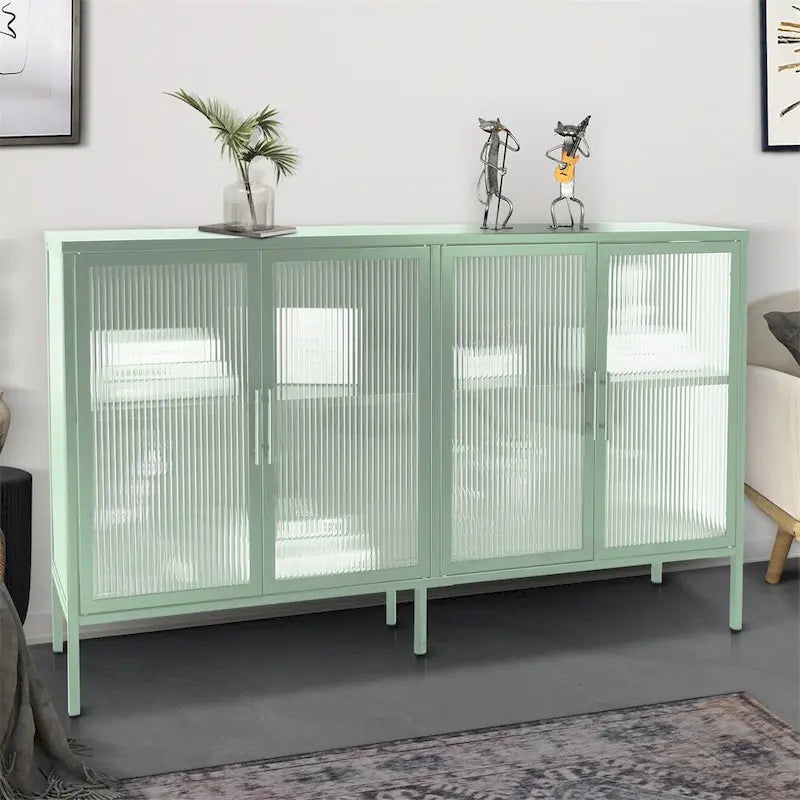 Aparador de 4 puertas con cristal estriado, verde menta / azul / negro, para 1