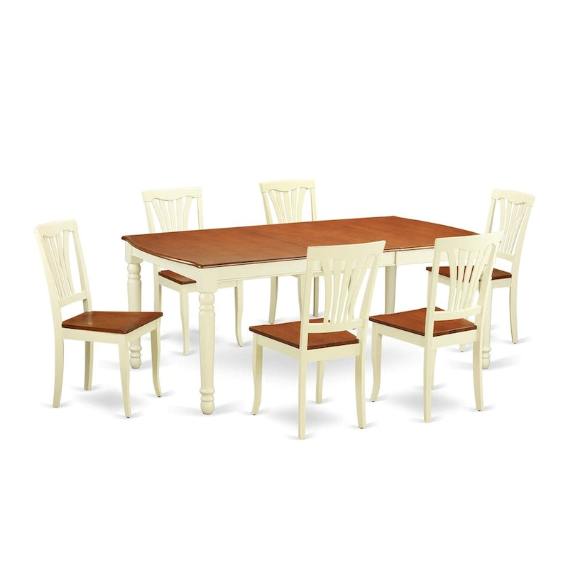 Juego de comedor de 7 piezas Buttermilk y cerezo, mesa rectangular con extensión de mariposa y 6 sillas de madera con respaldo de rejilla