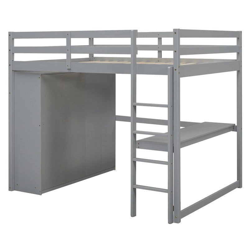 Litera alta de tamaño completo, gris/blanco, con armario, escritorio y almacenamiento – Capacidad para 1