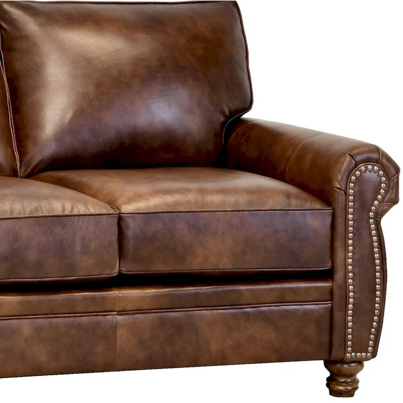 Sofá de cuero genuino marrón, estilo clásico, 3 plazas