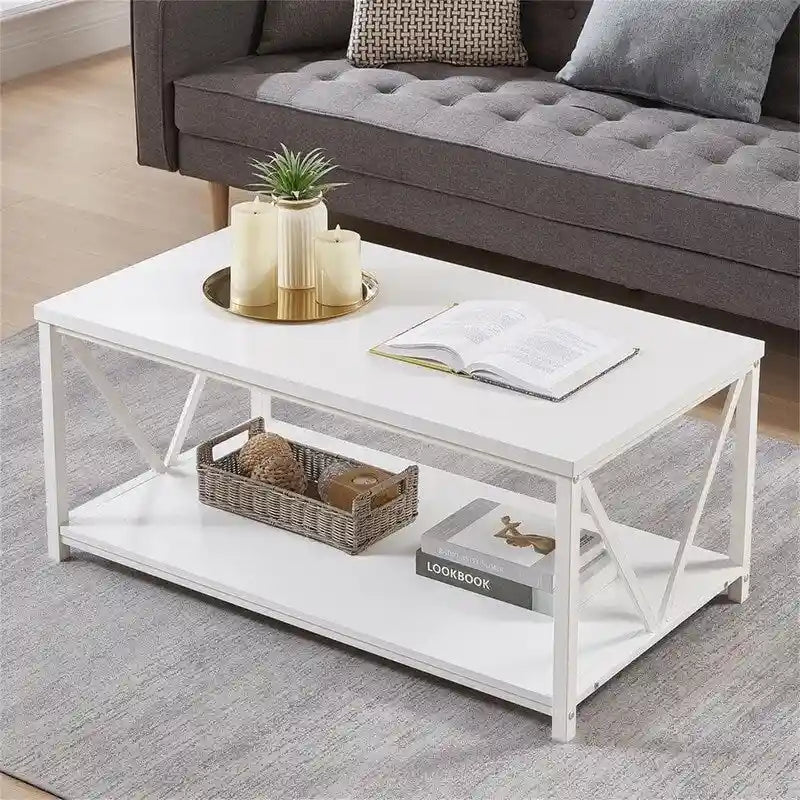 Mesa de centro rústica de 2 niveles blanca y gris para 1 a 4 personas