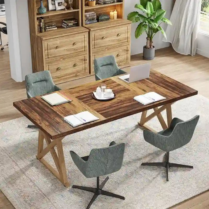 Mesa de conferencia marrón para 6-8 personas, patas de metal, 180 cm