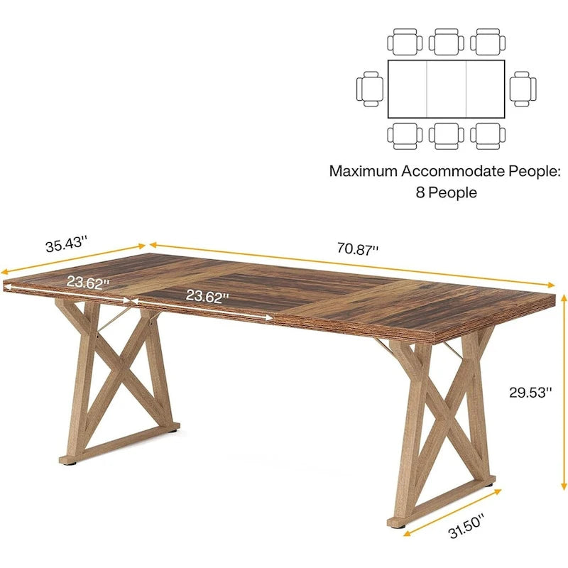 Mesa de conferencia marrón para 6-8 personas, patas de metal, 180 cm