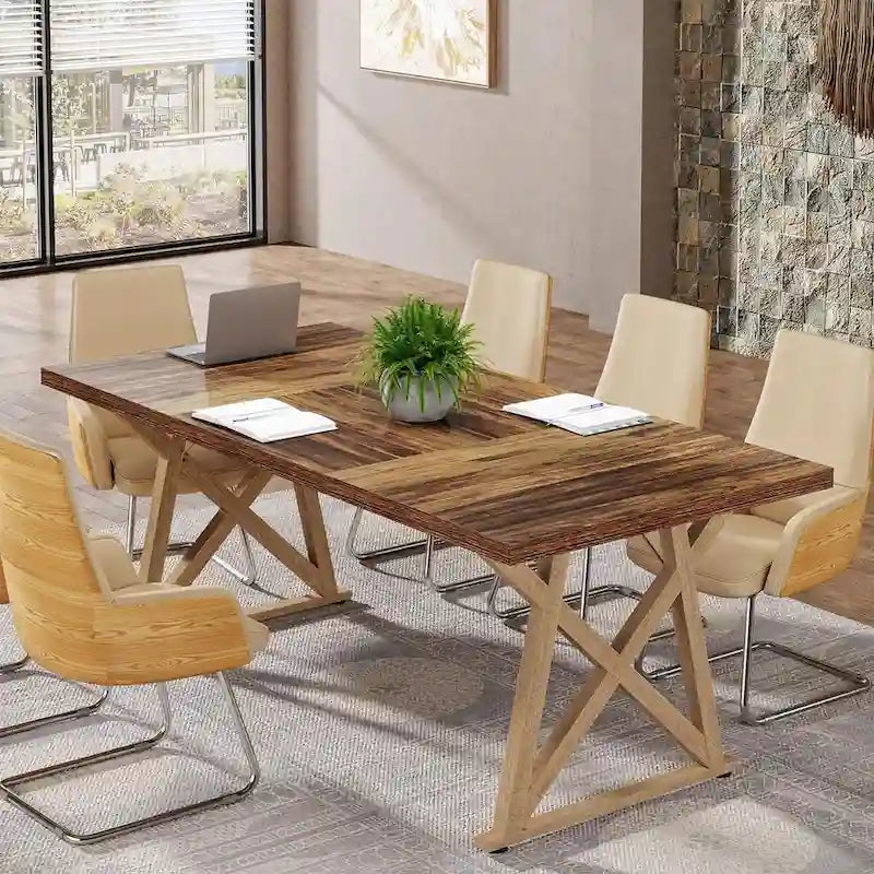 Mesa de conferencia marrón para 6-8 personas, patas de metal, 180 cm