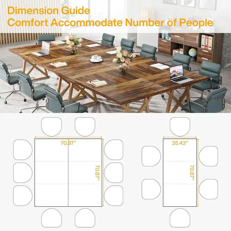 Mesa de conferencia marrón para 6-8 personas, patas de metal, 180 cm