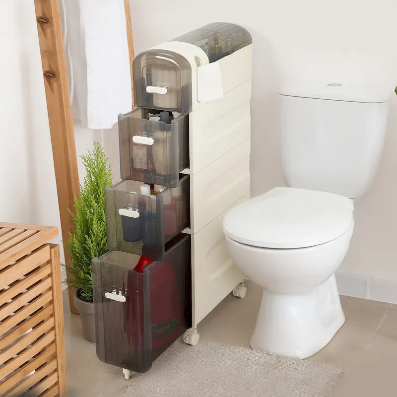 Gabinete de almacenamiento delgado para baño, blanco/transparente, de 3 y 4 niveles, para 1 persona