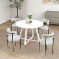 Juego de comedor redondo blanco/gris, base de caballete, sillas de boucle, 5 plazas
