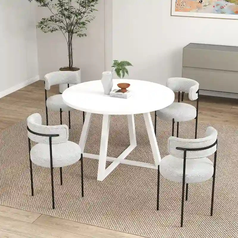 Juego de comedor redondo blanco/gris, base de caballete, sillas de boucle, 5 plazas